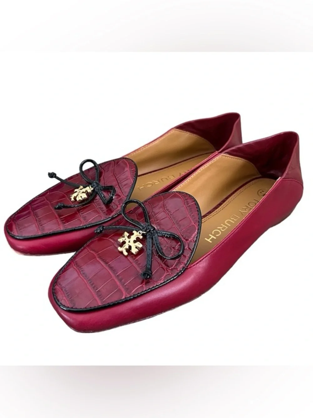 Tory Burch Red Croc Embossed Charm Trim Bow Loafers Mule Flats Size 7